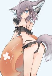 Rule 34 | 1girl, ahoge, animal ears, arknights, ass, bikini, black bikini, blue eyes, brown hair, butterfly hair ornament, commentary, extra ears, facing away, feet out of frame, fox ears, fox girl, fox tail, hair ornament, headphones, highres, holding, holding swim ring, innertube, light blush, looking at viewer, looking back, mikozin, off-shoulder bikini, off shoulder, official alternate costume, short hair, simple background, solo, sussurro (arknights), sussurro (summer flower) (arknights), swim ring, swimsuit, tail, white background