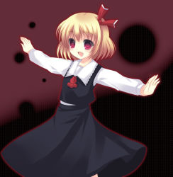 Rule 34 | 1girl, blonde hair, embodiment of scarlet devil, fang, female focus, hair ribbon, necktie, open mouth, outstretched arms, red eyes, ribbon, rumia, short hair, solo, spread arms, takase kanan, touhou