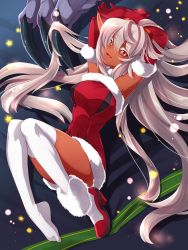 Rule 34 | 1girl, armpits, arms up, blush, breasts, claws, dark-skinned female, dark skin, elbow gloves, gloves, hazuki gean, large breasts, long hair, looking at viewer, original, pointy ears, red eyes, santa costume, shoes, silver hair, single shoe, smile, solo, star (symbol), thighhighs, white thighhighs