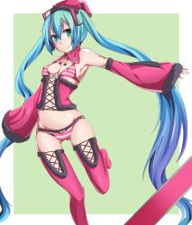 Rule 34 | 1girl, alternate costume, aqua hair, armpits, bad id, bad pixiv id, bikini, boots, breasts, covered erect nipples, detached sleeves, green background, green eyes, hat, hatsune miku, highres, jack dempa, long hair, looking at viewer, medium breasts, pink thighhighs, smile, solo, striped bikini, striped clothes, swimsuit, thigh boots, thighhighs, twintails, vocaloid, wide sleeves