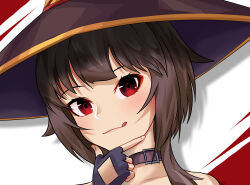 Rule 34 | 1girl, :q, bare shoulders, black choker, black hat, blush, brown hair, choker, close-up, closed mouth, commentary, drop shadow, eyelashes, hand on own chin, hat, highres, index finger raised, kono subarashii sekai ni shukufuku wo!, looking at viewer, lyourika, megumin, portrait, red background, red eyes, ringed eyes, short hair, short hair with long locks, sidelocks, solo, tongue, tongue out, two-tone background, white background, witch hat