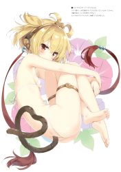 Rule 34 | 10s, 1girl, absurdres, andira (granblue fantasy), ass, bare legs, barefoot, bikini, blonde hair, blush, breasts, brown eyes, butt crack, covered mouth, erune, feet, fetal position, from side, full body, granblue fantasy, hair ornament, hairband, heart, heart tail, highres, kani biimu, crossed legs, looking at viewer, micro bikini, monkey tail, scan, short hair, sideboob, simple background, small breasts, soles, solo, string bikini, swimsuit, tail, thighlet, thong bikini, toes, two side up, white background