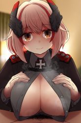 Rule 34 | 1boy, 1girl, absurdres, akaino (akaomi), azur lane, blonde hair, blurry, blurry background, breasts, breasts squeezed together, brown eyes, closed mouth, headgear, hetero, highres, large breasts, long sleeves, looking at viewer, male pubic hair, multicolored hair, pubic hair, red hair, roon (azur lane), short hair, smile, solo focus, streaked hair, unbuttoned