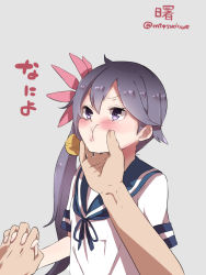 Rule 34 | 10s, 1girl, akebono (kancolle), bad id, bad pixiv id, bell, commentary request, flower, grey background, hair bell, hair between eyes, hair flower, hair intakes, hair ornament, holding hands, interlocked fingers, kantai collection, long hair, mitsudoue, neckerchief, purple eyes, school uniform, serafuku, short sleeves, simple background, very long hair