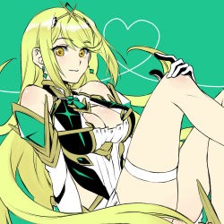 Rule 34 | 1girl, bare shoulders, blonde hair, breasts, circlet, cleavage, cleavage cutout, closed mouth, clothing cutout, dress, earrings, elbow gloves, gloves, green background, jewelry, large breasts, long hair, looking at viewer, medium breasts, mythra (xenoblade), oto nagi, simple background, smile, solo, swept bangs, white dress, white gloves, xenoblade chronicles (series), xenoblade chronicles 2, yellow eyes