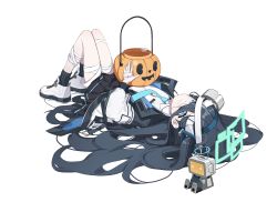 Rule 34 | 1girl, absurdres, aris (blue archive), bandages, black hair, black jacket, black skirt, black socks, blue archive, blue eyes, blue hairband, blue necktie, closed mouth, full body, hair ornament, hair spread out, hairband, halloween, halo, highres, jack-o&#039;-lantern, jacket, long hair, long sleeves, looking at viewer, lying, multicolored clothes, multicolored jacket, necktie, on back, open clothes, open jacket, pleated skirt, shirt, simple background, skirt, smile, socks, solo, toombo12, toy robot, very long hair, white background, white footwear, white jacket, white shirt