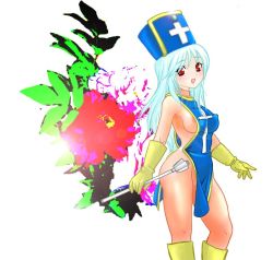 Rule 34 | 1girl, blue hair, blue hat, blue tabard, blush, bodysuit, breasts, chunsoft, covered erect nipples, dragon quest, dragon quest iii, enix, gloves, hat, long hair, mace, medium breasts, mitre, priest (dq3), red eyes, sideboob, solo, tabard, weapon