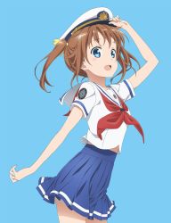 Rule 34 | 10s, 1girl, :d, absurdres, blue background, blue eyes, blue skirt, blush, breasts, brown hair, cowboy shot, emblem, from side, hair ribbon, hand up, happy, hat, hat tip, high school fleet, highres, lace, leaning forward, looking at viewer, looking back, midriff peek, military hat, misaki akeno, neckerchief, official art, open mouth, peaked cap, petticoat, pleated skirt, ribbon, school uniform, serafuku, shirt, short hair, short sleeves, short twintails, sidelocks, simple background, skirt, small breasts, smile, solo, twintails, white hat, white shirt, yellow ribbon