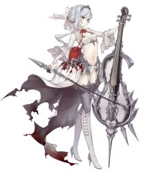 Rule 34 | 1girl, blood, blood on clothes, blue eyes, bow (music), breasts, cello, flower, full body, high heels, instrument, jino, midriff, navel, official art, revealing clothes, ribbon, rose, side ponytail, sinoalice, small breasts, snow white (sinoalice), solo, thighhighs, tiara, transparent background, white hair