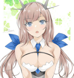 Rule 34 | bare shoulders, between breasts, blue eyes, blue necktie, blue ribbon, breasts, cleavage, clover background, detached collar, gakky, hair ribbon, headgear, kantai collection, large breasts, light brown hair, long hair, maryland (kancolle), necktie, necktie between breasts, radio antenna, ribbon, shirt, strapless, tube top, white background, white shirt