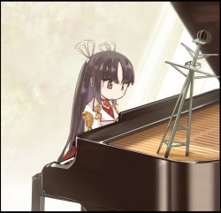 Rule 34 | 10s, 1girl, black hair, female focus, gradient background, hiyou (kancolle), instrument, kantai collection, long hair, military, military uniform, music, piano, playing instrument, playing piano, red eyes, solo, uniform, upper body, uriah-oyu, white background