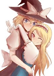 Rule 34 | 2girls, alice margatroid, alice margatroid (cosplay), black dress, blonde hair, blue dress, blue eyes, blush, bow, brown eyes, capelet, cosplay, costume switch, dress, hairband, hat, hat bow, hug, kirisame marisa, kirisame marisa (cosplay), lolita hairband, long hair, looking at viewer, looking back, multiple girls, necro (nekurodayo), one eye closed, puffy sleeves, revision, sash, short sleeves, simple background, smile, touhou, v, white background, wink, witch hat, yuri