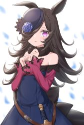 Rule 34 | 1girl, animal ears, black bow, black hair, black hat, blue dress, blue flower, blue rose, blush, bow, commentary request, dagger, dress, flower, hair over one eye, hands up, hat, hat flower, highres, horse ears, kinakon, knife, long hair, long sleeves, looking at viewer, off-shoulder dress, off shoulder, parted lips, petals, purple eyes, rice shower (umamusume), rose, sleeves past wrists, solo, tilted headwear, umamusume, very long hair, weapon, white background
