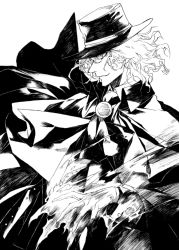 Rule 34 | 1boy, bad id, bad pixiv id, capelet, edmond dantes (fate), fate/grand order, fate (series), flaming hand, gloves, greyscale, hat, hat over eyes, male focus, misamisa21, monochrome, solo, victorian, wavy hair