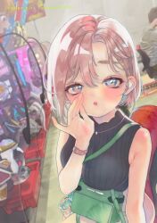 Rule 34 | 1boy, 1girl, arcade, arcade cabinet, bag, bare shoulders, between breasts, black sweater, blue eyes, breasts, grey hair, highres, indoors, jewelry, large breasts, looking at viewer, nanakami mana, necklace, non-web source, original, painting (medium), parted lips, short hair, sitting, sleeveless, sleeveless sweater, solo, solo focus, strap between breasts, sweater, traditional media, watch, watercolor (medium), whispering, wristwatch