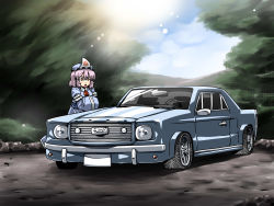 Rule 34 | 1girl, breasts, car, female focus, ford, ford mustang, hat, highres, japanese clothes, left-hand drive, motor vehicle, muscle car, nature, open mouth, pink hair, red eyes, saigyouji yuyuko, short hair, smile, solo, touhou, tree, triangular headpiece, tukiwani, vehicle, vehicle focus