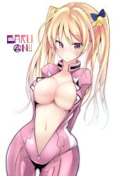 Rule 34 | 10s, 1girl, arms behind back, bakuon!!, bell, biker clothes, bikesuit, blonde hair, blush, bodysuit, breasts, center opening, copyright name, embarrassed, hair bell, hair ornament, harenchi, large breasts, long hair, looking at viewer, navel, orange eyes, simple background, solo, suzunoki rin, twintails, unzipped, white background