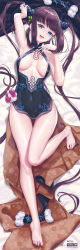 Rule 34 | 1girl, absurdres, armpits, bare shoulders, barefoot, black dress, blue eyes, blunt bangs, blush, breasts, center opening, china dress, chinese clothes, detached sleeves, dress, fate/grand order, fate (series), feet, hair ornament, highres, large breasts, leaf hair ornament, legs, long hair, looking at viewer, mango cat, purple hair, side slit, sidelocks, solo, twintails, very long hair, yang guifei (fate), yang guifei (second ascension) (fate)