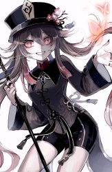 Rule 34 | 1girl, black hat, black shorts, brown hair, bug, butterfly, flower, genshin impact, gradient hair, grin, hair between eyes, hat, hat flower, highres, holding, holding weapon, hu tao (genshin impact), insect, instagram username, jewelry, long hair, long sleeves, multicolored hair, multiple rings, plum blossoms, polearm, red eyes, red flower, red hair, ring, shino (shino-xx), shorts, sidelocks, simple background, smile, solo, tassel, twintails, twitter username, weapon, white background, wide sleeves