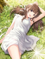 Rule 34 | 1girl, :d, arm on own head, arm up, armpits, bare arms, blush, breasts, brown eyes, brown hair, collarbone, dandelion, dress, flower, from above, grass, hair over breasts, hair ribbon, highres, long hair, looking at viewer, lying, medium breasts, on back, open mouth, original, outdoors, ribbon, see-through, sidelocks, siokazunoko, sleeveless, sleeveless dress, smile, solo, teeth, thighs, tree, upper teeth only, white dress, white ribbon