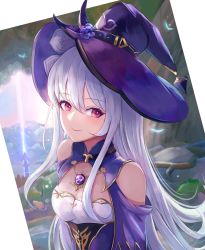 Rule 34 | 1girl, bare shoulders, blush, breasts, cleavage, closed mouth, clothing cutout, cosplay, day, dress, fire emblem, fire emblem: three houses, genshin impact, hat, lantern, leonmandala, lisa (genshin impact), lisa (genshin impact) (cosplay), long hair, looking at viewer, lysithea von ordelia, nintendo, outdoors, purple dress, purple hat, red eyes, rock, shoulder cutout, silver hair, small breasts, smile, solo, straight hair, tree, upper body, very long hair, witch hat
