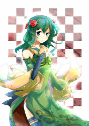 Rule 34 | 10s, 1girl, checkered background, detached sleeves, dress, flower, gertrud (madoka magica), green eyes, green hair, hair flower, hair ornament, magical girl, mahou shoujo madoka magica, mahou shoujo madoka magica (anime), personification, rose, side slit, smile, soul gem, thighhighs, yetworldview kaze
