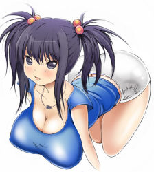 Rule 34 | 1girl, ass, bent over, black eyes, black hair, blush, breasts, butt crack, cleavage, female focus, hair bobbles, hair ornament, hanging breasts, huge ass, huge breasts, jewelry, midriff, necklace, no bra, original, short twintails, shorts, simple background, solo, thighs, twintails, white background, yoru ha