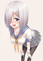 Rule 34 | 10s, 1girl, black pantyhose, blue eyes, blush, breasts, collarbone, colored skin, gloves, hair ornament, hair over one eye, hairclip, hamakaze (kancolle), hands on own knees, highres, kantai collection, large breasts, leaning forward, mikazuchi zeus, neckerchief, open mouth, pale skin, pantyhose, pleated skirt, school uniform, serafuku, short hair, short sleeves, silver hair, simple background, skirt, white gloves, yellow neckerchief