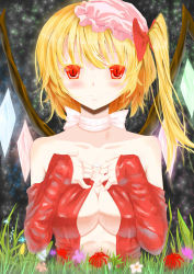 Rule 34 | 1girl, absurdres, bad id, bad pixiv id, blonde hair, blush, bow, breasts, cleavage, detached sleeves, dress, flandre scarlet, hair bow, hat, highres, jpeg artifacts, large breasts, long hair, aged up, red dress, red eyes, side ponytail, slit pupils, solo, strapless, strapless dress, touhou, wenhe, wings