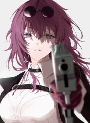 Rule 34 | 1girl, aiming, aiming at viewer, black jacket, blurry, breasts, chest harness, clenched teeth, collared shirt, depth of field, eyewear on head, foreshortening, gloves, gradient eyes, gun, hair between eyes, harness, highres, holding, holding gun, holding weapon, honkai: star rail, honkai (series), jacket, kafka (honkai: star rail), long hair, looking at viewer, medium breasts, messy hair, misaki (mskmmti), multicolored eyes, no pupils, open mouth, parted lips, purple eyes, purple gloves, purple hair, round eyewear, shirt, sidelocks, simple background, solo, spider web print, sunglasses, teeth, upper body, weapon, white background, white shirt