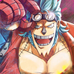 Rule 34 | 1boy, adjusting goggles, blue hair, chinese commentary, collarbone, commentary, commentary request, english commentary, franky (one piece), goggles, goggles on head, highres, kirin 13, long sideburns, looking at viewer, male focus, mixed-language commentary, one piece, open mouth, short hair, sideburns, smile, solo, spiked hair, teeth