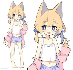 Rule 34 | 1girl, absurdres, animal ear fluff, animal ears, bare shoulders, barefoot, blonde hair, blue eyes, camisole, collarbone, commentary, english commentary, fox ears, highres, jacket, light brown hair, long hair, low twintails, midriff, multiple views, nanozenzen, navel, open mouth, original, shorts, simple background, smile, twintails, v, white background, white camisole