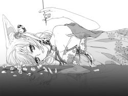 Rule 34 | 1girl, animal ears, bad id, bad pixiv id, bare shoulders, dress, enk, flower, greyscale, hair ornament, jewelry, lying, monochrome, on side, original, ring, solo, strapless, strapless dress