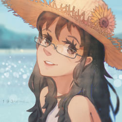 Rule 34 | 1girl, artist name, bare shoulders, black hair, blurry, bokeh, dated, depth of field, eyelashes, flower, glasses, hat, hat flower, highres, hill, light particles, long hair, looking at viewer, looking to the side, open mouth, original, portrait, semi-rimless eyewear, smile, solo, straw hat, sun hat, sunflower, under-rim eyewear, upper body, water, wudi sao nian