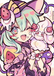 Rule 34 | 1girl, alcremie, alternate hair length, alternate hairstyle, black hat, bow, creature, creatures (company), crossover, food, food on face, fruit, game freak, gen 8 pokemon, green eyes, green hair, hands up, hat, hat bow, heart, heart-shaped pupils, heart of string, highres, holding, holding creature, komeiji koishi, kyouda suzuka, long hair, long sleeves, looking at viewer, nintendo, one eye closed, open mouth, pink bow, pokemon, pokemon (creature), shirt, smile, solo, strawberry, symbol-shaped pupils, teeth, third eye, touhou, twitter username, upper body, upper teeth only, yellow background, yellow bow, yellow shirt