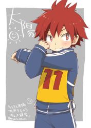 Rule 34 | 1boy, blue jacket, character request, copyright request, grin, jacket, looking at viewer, male focus, pocchipocchi, red eyes, red hair, short hair, smile, solo, stretching, track jacket, track suit, twitter username