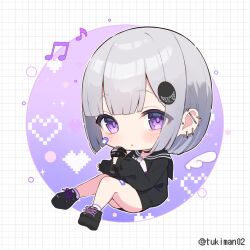 Rule 34 | 1girl, bandaid, bandaid on cheek, bandaid on face, bandaid on leg, beamed eighth notes, black footwear, black sailor collar, black shirt, blush, commentary request, dotted line, ear piercing, earrings, eighth note, full body, grey hair, hair ornament, heart, highres, holding, holding microphone, jewelry, long sleeves, microphone, musical note, original, piercing, pixelated, puffy long sleeves, puffy sleeves, purple background, purple eyes, sailor collar, shirt, shoes, sleeves past wrists, socks, solo, tsukiman, twitter username, two-tone background, white background, white socks