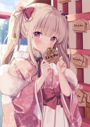 Rule 34 | 1girl, bell, blurry, blurry background, bow, brown hair, closed mouth, commentary request, depth of field, ema, floral print, hair bow, hakama, hakama skirt, hands up, highres, holding, japanese clothes, jingle bell, kimono, long hair, okiq, original, pink kimono, print kimono, purple eyes, red bow, sidelocks, skirt, smile, solo, twintails, white hakama