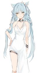 Rule 34 | 1girl, animal ears, bare arms, bare shoulders, blue hair, breasts, brown eyes, dress, feet out of frame, long hair, lpip, medium breasts, original, simple background, sleeveless, sleeveless dress, solo, standing, twintails, very long hair, white background, white dress