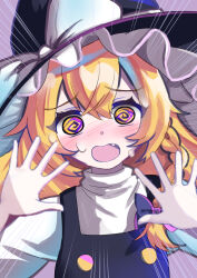 Rule 34 | 2girls, @ @, absurdres, bikini, blonde hair, blush, bow, braid, commentary, confused, fang, frilled headwear, full-face blush, furrowed brow, hair between eyes, hair bow, hands up, hat, hat bow, highres, kabi killer, kirisame marisa, long hair, looking at viewer, multiple girls, open hands, open mouth, purple bow, shirt, sidelocks, single braid, solo, sweat, swimsuit, touhou, upper body, wavy mouth, white bikini, white shirt, witch hat, yellow eyes