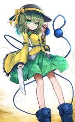 Rule 34 | 1girl, absurdres, black collar, black hat, blue footwear, boots, buttons, collar, corded phone, diamond button, floral print, frilled sleeves, frills, green eyes, green hair, green skirt, grin, hat, hat ribbon, highres, holding, holding knife, holding phone, itanase, knife, komeiji koishi, legs, long sleeves, medium hair, phone, ribbon, rose print, shirt, skirt, smile, solo, third eye, touhou, watermark, yellow ribbon, yellow shirt
