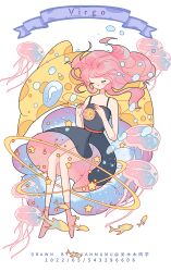 Rule 34 | 1girl, ankle socks, artist name, banner, bare shoulders, black dress, bubble, closed eyes, closed mouth, dated, dolphin, dress, english text, expressionless, eyelashes, fish, floating hair, full body, guanmumu, highres, holding, holding star, jellyfish, light blush, long hair, moon, no shoes, original, pink dress, pink hair, pink socks, red sash, sash, short dress, sleeveless, sleeveless dress, socks, solo, spaghetti strap, star (symbol), too many, too many fish, two-sided dress, two-sided fabric, virgo (zodiac), waist sash, white background, zodiac
