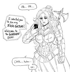 Rule 34 | 1girl, armor, axe, bb (baalbuddy), boobplate, breastplate, cellphone, commentary, cowboy shot, disappointed, empty eyes, english commentary, english text, faulds, full armor, gauntlets, greyscale, hair bun, highres, holding, holding phone, long hair, mole, mole under eye, monochrome, original, phone, smartphone, solo, standing, virginia kissless, weapon, weapon on back