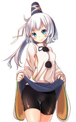 Rule 34 | 1girl, bike shorts, bike shorts under skirt, black legwear, black panties, breasts, clothes lift, hat, long hair, long sleeves, looking at viewer, mononobe no futo, oimo (imoyoukan), panties, ponytail, shirt, shorts, shorts under skirt, sideboob, silver hair, simple background, skirt, skirt lift, small breasts, smile, solo, touhou, underwear, wide sleeves