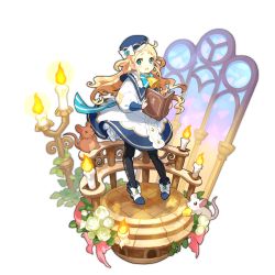Rule 34 | 1girl, aqua eyes, bell, black legwear, blonde hair, book, candle, cheese, collar, dragalia lost, dress, food, full body, hat, holding, holding book, long hair, long sleeves, looking at viewer, mouse (animal), neck bell, non-web source, official art, pia (dragalia lost), puffy sleeves, ribbon, sailor collar, saitou naoki, stained glass, transparent background, white dress