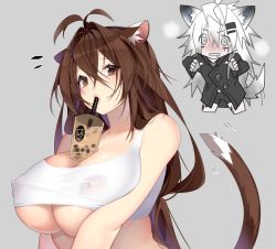 Rule 34 | 2girls, ahoge, animal ears, antenna hair, arknights, between breasts, blush, breast envy, breasts, brown eyes, bubble tea, bubble tea challenge, cat ears, cat tail, covered erect nipples, deathalice, drinking, drinking straw, female commander (girls&#039; frontline), female focus, girls&#039; frontline, grey background, hair between eyes, hair ornament, hairclip, heavy breathing, highres, lappland (arknights), large breasts, long hair, looking at viewer, multiple girls, nipples, object on breast, open mouth, scar, scar across eye, scar on face, see-through, silver hair, simple background, tail, underboob, upper body, very long hair, white background