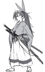 Rule 34 | 1girl, closed mouth, clothing request, flat chest, gohan (gohanchang), greyscale, hair between eyes, highres, holding, holding weapon, isekai samurai, japanese clothes, katana, long hair, looking at viewer, monochrome, ponytail, ribbon, scar, scar on face, scar on nose, sheath, simple background, sketch, socks, solo, sword, tsukitsuba ginko, very long hair, weapon, white background