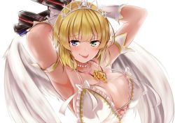 Rule 34 | 10s, 1girl, armpits, arms behind head, arms up, bad id, bad pixiv id, bead necklace, beads, blonde hair, blue eyes, blush, breasts, cleavage, dual wielding, gloves, green eyes, gun, halterneck, highres, holding, holding gun, holding weapon, jewelry, large breasts, looking at viewer, necklace, ryouna (senran kagura), senran kagura, senran kagura shinovi versus, short hair, sideboob, solo, tatusinomu, tiara, tongue, tongue out, upper body, weapon, white gloves, white wings, wings
