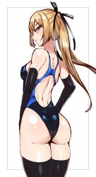 Rule 34 | 1girl, ass, black gloves, black one-piece swimsuit, black thighhighs, blonde hair, blue eyes, breasts, commentary request, competition swimsuit, cowboy shot, curvy, dead or alive, dead or alive 5, elbow gloves, from behind, gloves, highleg, highleg swimsuit, highres, huge ass, long hair, looking at viewer, looking back, marie rose, one-piece swimsuit, shiny skin, simple background, small breasts, solo, standing, swimsuit, thighhighs, volyz, white background, wide hips
