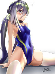Rule 34 | 1girl, absurdres, blush, breasts, closed mouth, competition swimsuit, covered navel, eureka (eureka-0075), gradient background, gradient hair, grey eyes, grey hair, hair between eyes, highres, kantai collection, kiyoshimo (kancolle), long hair, multicolored hair, one-piece swimsuit, sitting, small breasts, smile, solo, swimsuit, thighhighs, very long hair, white thighhighs